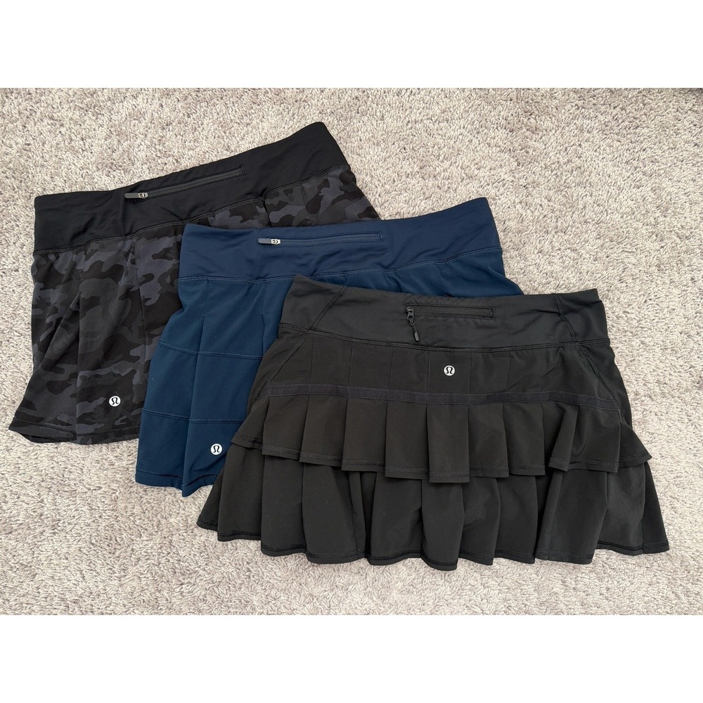Women's Lot Of 3 Lululemon Skirts Pace Rival Size 8 Black Navy Black Gray Camo